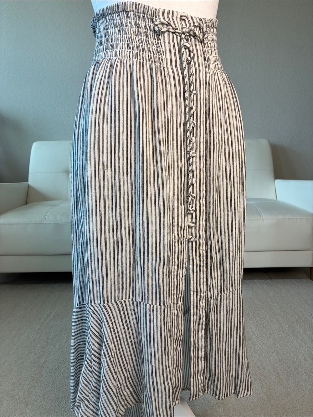 American Eagle Blue Striped Smocked Waist High-Low Midi Skirt - 100% Viscose
